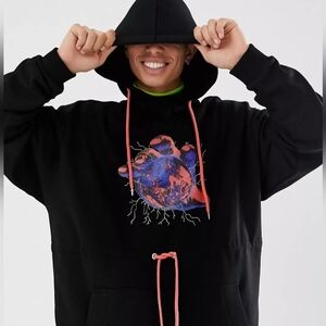 Mens ASOS Design World Print Pullover Hoodie Black Drawcord Sweatshirt Medium